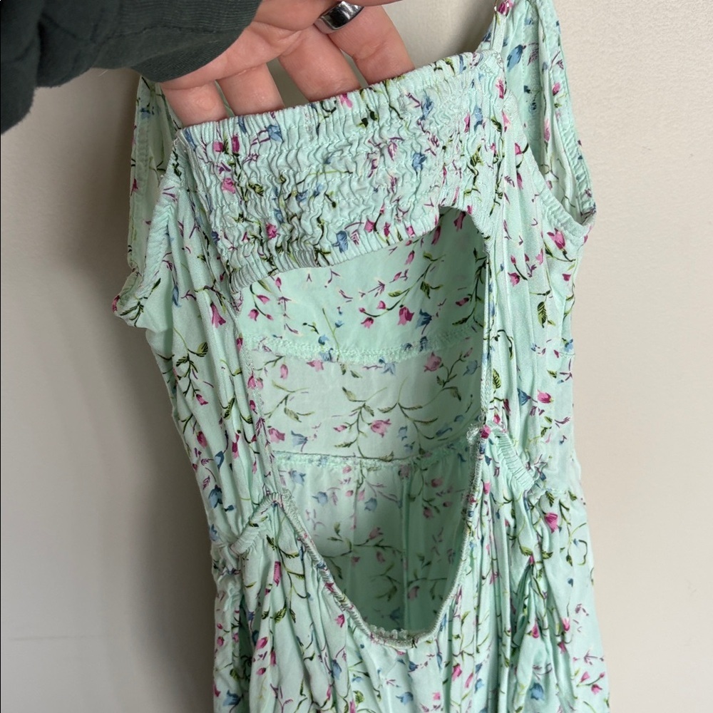 Cisono Floral Mini Dress Green Pink Cottagecore Summer Dress Size L - Picture 4 of 6